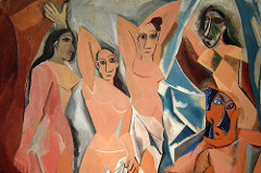 126. Les Demoiselles d'Avignon
Location: 
Artist: Pablo Picasso
Date: 1907 C.E.
Culture: ...
Period/Style: Later Europe/Americas
Medium/Material: Oil on canvas
Theme(s): sensuality, nudity
Form: Each figure is depicted in a disconcerting confrontational manner and none are conventionally feminine
Function: ...
Content: five nude female prostitutes from a brothel on Carrer d'Avinyó (Avinyó Street) in Barcelona
Context: At the time of its first exhibition in 1916, the painting was deemed immoral
Cross Cultural Connection(s):