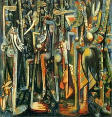 142. The Jungle
Location: 
Artist: Wilfredo Lam
Date: 1943 C.E.
Culture: ...
Period/Style: Later Europe/America
Medium/Material: Gouache in paper mounted on canvas
Theme(s): perception
Form: disproportion among the shapes generates an uneasy balance between the composition's denser top and more open bottom
Function: to depict a scene in the jungle
Content: cluster of enigmatic faces, limbs, and sugarcane crowd a canvas that is nearly an 8 foot square
Context: Lam was in Madrid and Paris, but in 1941 as Europe was engulfed by war, he returned to his native country. Though he would leave Cuba again for Europe after the war, key elements within his artistic practice intersected during this period
Cross Cultural Connection(s):