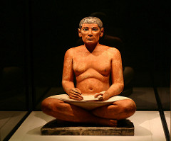 15. Seated scribe
Location: Saqqara, Egypt
Artist: N/A
Date: c. 2,650-2,500 B.C.E
Culture: Egyptian
Period/Style: Ancient Egypt: Old Kingdom, Fourth Dynasty 
Medium/Material: Painted limestone (opt. rock crystals, magnesia, and copper/arsenic)
Theme(s): writing, work, afterlife
Form: Color and shape used to define bodily features and writing
Function: To represent a scribe for the interior of a tomb
Content: A male figure with black hair writing, probably for a job.
Context: Placed inside tombs. Represents a scribe at work. Is meant for the afterlife.