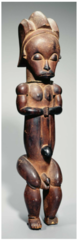 179. Reliquary figure (nlo bieri)
Location: southern Cameroon
Artist: Fang peoples
Date: c. 19th-20th century C.E.
Culture: ...
Period/Style: ...
Medium/Material: wood
Theme(s): tranquillity, vitality, and the ability to hold opposites in balance
Form: accentuated head, toned muscles, eyes (probably) closed
Function: mounted on top of each reliquary box guarded the sacred contents against the forbidden gaze of women and uninitiated boys
Content: ...
Context: a widespread belief in the spiritual power of ancestral relics among Bantu peoples underlay the creation of remarkable works of art (met museum)
Cross Cultural Connection(s):