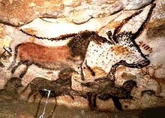 2. Great Hall of the Bulls
Location: Cave walls near Lascaux, France
Artist: N/A
Date: 15,000-13,000 B.C.E
Culture: (probably) ancient French
Period/Style: Prehistoric, Paleolithic
Material/Technique: Rock painting; contours to show volume of the animals
Theme(s): Hunting, survival, food
Form: Color is used to distinguish one animal from another. Lines and shapes are used to show figures of animals. Movement can also be seen in the running bulls. Scale was probably used to bring attention to more important/significant animals.
Function: Prehistoric hunters believed that they had control of the animals by painting them on the walls. They also believed the more lifelike the animal was, the more magical power the animal had. Maybe, the art was used to keep record of hunting events and kills.
Content: Bulls and other animals running.
Context: The painting took place in France, and has to do with hunter-gatherer society, concerns with food, survival, and procreation.