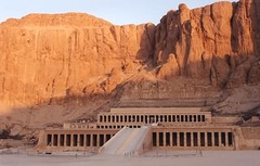 21. Mortuary temple of Hatshepsut
Location: Near Luxor, Egypt
Artist: Senmut
Date: c. 1473-1458 B.C.E. 
Culture: Egyptian
Period/Style: Ancient Egyptian
Medium/Material: Sandstone, partially carved into a rock cliff, and red granite
Theme(s): royalty, achievement
Form: Temple: Space and form to create a opening inside. Statue: The way the body is made brings attention to the head and face. The form and value acts as a gradient from bottom to top.
Function: Funerary temple for the queen of the time 
Content: 
Context: Built for the queen to commemorate her achievements and act as a mortuary for her and a sanctuary for the god Amun-ra