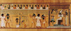 24. Last judgment of Hu-Nefer, from his tomb (page from the Book of the Dead)
Location: New Kingdom, 19th Dynasty
Artist: N/A
Date: c. 1275 B.C.E
Culture: Egyptian
Period/Style: Ancient Egyptian 
Medium/Material: Painted papyrus scroll
Theme(s): judgment, ethics
Form: Colors, line, and shape illustrate the narrative. Scale/hierarchy of scale is demonstrated.
Function: to depict Hu-Nefer's last judgment 
Content: 3 