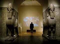 25. Lamassu from the citadel of Sargon II
Location: Dur Sharrukin (modern-day Khorsabad, Iraq)
Artist: N/A
Date: c. 720-705 B.C.E.
Culture: Neo-Assyrian 
Period/Style: Ancient Near East 
Medium/Material: Alabaster
Theme(s): guardian, dominance
Form: Form and color to show the size and features of each Lamassu.
Function: Protect and support important doorways in Assyrian palaces
Content: Detailed heads and long beards. from the side, 4 legs; from the front, 2 legs. Winged and bull/horse hoofs.
Context: Used as a form of intimidating protection of palaces in Assyria
