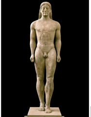 27. Anavysos Kouros. Archaic Greek. c. 530 B.C.E. Marble with remnants of paint.
-ideal human body: athletic, tall, muscular
-used as grave marker
-honored youth died in battle
-naturalistic idealism
-resembles egyptian art/ka statues (Menkaure and his wife)
-archaic smile
-emphasizes importance of male figure, noble death, and athleticism
-inscription connects to Greek religion