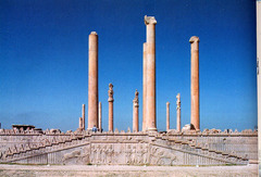 30. Audience Hall (apadana) of Darius and Xerxes
Location: Persepolis in Susa, Iran
Artist: N/A
Date: c. 520-465 B.C.E
Culture: Persian 
Period/Style: Etruscan
Medium/Material: Limestone
Theme(s): entertainment, ceremony, ritual
Form: Many pillars (now fallen) that have/had bulls on top.
Function: to receive people from other lands
Content: ...
Context: ...