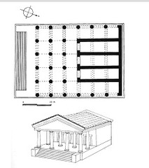31. Temple of Minerva (plan) and sculpture of Apollo
Location: The roof of the Portonaccio temple, Veii, Italy, near Rome, Italy
Artist: Master sculptor Vulca; Patron: Etruscan king of Rome, Tarquinius Superbus
Date: c. 510-500 B.C.E.
Culture: Etruscan
Period/Style: Archaic Greece
Medium/Material: Original temple of wood, mud brick, or tufa (volcanic rock); terra cotta sculpture
Theme(s): 
Form: 
Function: (sculpture) Temple rooftop statue
Content: Figure is energetic and excited; movement; terra cotta, statuary, mythology
Context: The statue is part of a group of at least four other painted terracotta figures that adorned the temple roof. They depicted one of the twelve labors of Hercules. The bright paint and the style of drapery are reminiscent of Archaic korai, but the figure's vigorous motion, gesticulating arms, animated face, and overall energy and excitement are distinctly Etruscan.