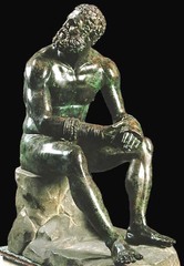 41. Seated boxer. Hellenistic Greek. c. 100 B.C.E. Bronze.
-artist: Lyssipus of Sikyon
-lost-wax technique, bronze infused with copper (gives look of blood)
-defeated boxer, old, bruised, scarred, cauliflower ears
-evokes compassion
-defeat, heroism, emotion, drama
-context: hellenistic art (dramatic, highly emotional, expressive faces, hyper-realistic), Greek cultural emphasis on athleticism and physical form