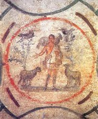 48c. Catacomb of Priscilla (Good Shepherd Fresco)
Location: Rome, Italy
Artist: ?
Date: c. 200-400 C.E.
Culture: ...
Period/Style: Late Antique Europe
Medium/Material: Excavated tufa and fresco
Theme(s): ...
Form: Retrained portrait of Christ as a Good Shepherd, a pastoral motif in ancient art going back to the Greeks.
Function: Symbolism of the Good Shepherd: rescues individual sinners in his flock who stray. 
Content: Stories of the life of the Old Testament Prophet Jonah who appears in the lunettes; Jonah's regurgitation from the mouth of a big fish is seen as prefiguring Christ's resurrection.
Context: Early Christian catacombs
Significance: Parallels between Old and New Testament stories feature prominently in Early Christian art; Christians see this as a fulfillment of the Hebrew scriptures.
Cross Cultural Connection(s): Sistine Chapel Ceiling; Arena Chapel; Gaulli, Triumph of the Name of Jesus