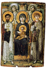 54. Virgin (Theotokos) and Child between Saints Theodore and George
Location: Monastery of Saint Catherine, Mount Sinai, Egypt
Date: sixth-early seventh centuries
Period/Style: Early Byzantine
Medium/Material: encaustic on wood
Theme(s): icons
Form: Virgin and Child centrally placed, firmly modeled
Function: to depict Mary and her son
Content: Saints Theodore and George; warrior saints; stiff and hieratic (engage viewer directly); angels look towards heaven (classically)
Context: placed in a medieval monastery
Cross Cultural Connection(s):