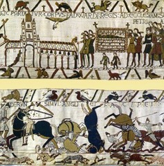 59. Bayeux Tapestry (Calvary Attack & First Meal)
Location: Bayeux, France
Date: c. 1066-1080 C.E.
Period/Style: Romanesque Europe (English or Norman)
Medium/Material: Embroidery on linen
Theme(s): conquest, daily life
Form: neutral background, flat figures (no shadows), 230-feet long (continuous narrative); inscriptions are embroidered using wool yard sewn onto linen cloth; viewed as a chronicle; leads viewers' eyes from one scene to the next and divided the compositional space into three horizontal zones; not a tapestry, but embroidery on linen
Function: tells the story of William's conquest of England at the Battle of Hastings in 1066 
Content: 75 scenes with over 600 people; scenes of husbandry and hunting; William's tactical use of calvry is displayed in the 
