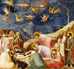 63c. Lamentation from the Arena Chapel
Location: Padua, Italy
Artist: Giotto di Bondone
Date: c. 1305-1306
Period/Style: Gothic Italy
Medium/Material: fresco
Theme(s): mourning, death, grief
Form: shallow stage; figures occupy a palpable space pushed forward toward the picture plane; diagonal cliff points to the bottom-left corner; light falls from above right; clear foreground, middle ground, and background
Function: to depict a range of emotion, such as sadness, outbursts, and despair related to Jesus's death
Content: St. John throwing his head back, Mary Magdalene cradling at Jesus's feet, Mary holding Jesus's head, left shows Old Testament scene of Jonah (Yunus) being paralleled to Christ (dying and coming back to life)
Context: ...
Cross Cultural Connection(s): Seated Boxer