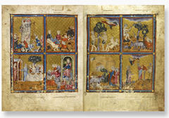 64. Golden Haggadah (The Plaques of Egypt, Scenes of Liberation and Preparation for Passover)
Location: northern Spain, probably Barcelona
Date: c. 1320 C.E.
Culture: Jewish
Period/Style: Gothic
Medium/Material: Illuminated Manuscript, pigment on vellum
Theme(s): Belief
Form: style similar to French Gothic manuscripts in the handling of space, architecture, figure style, facial expression, and manuscript medium
Function: to be read at a Passover seder
Content: Jewish exodus from Egypt under Moses and its subsequent celebration upper right: Miriam (Moses' sister); upper left: the master of the house, sitting under a canopy; lower right: the house is prepared for Passover; bottom left: sheep are slaughtered for Passover and a man purifies utensils in a cauldron over a fire
Context: Haggadah means 