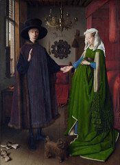 68. The Arnolfini Portrait
Artist: Jan van Eyck
Date: 1434 C.E.
Period/Style: Northern European Renaissance
Medium/Material: Oil on wood
Theme(s): wedding, memorial, betrothal, business
Form: Wife holds dress up to symbolize childbirth, but is not pregnant; statue of St. Margaret (patron of childbirth) seen on bedpost
Function: to depict Mr. and Mrs. Arnolfini's wedding, death memorial, betrothal, or business work
Content: one candle burning on Mr's side, none on Mrs's; shoes are cast off to indicate holy ground; dog (symbolizes fidelity); witnesses seen in mirror (