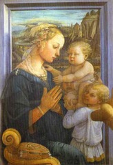 71. Madonna and Child with Two Angels
Location: Uffizi, Florence, Italy
Artist: Fra Filippo Lippi
Date: c. 1465
Period/Style: Early Italian Renaissance
Medium/Material: tempera on wood
Theme(s): motherhood, landscape
Form: landscape: rock formations indicate the Church; city near the Madonna's head in the Heavenly Jerusalem; scene depicted as it if were a window of a Florentine home
Function: to depict the Humanization of a sacred theme
Content: Motif of a pearl, seen in headdress and pillow as products of the sear (UL corner); pearls used as symbols in scenes of the Immaculate Connception of Mary and the Incarnation of Christ
Context: Mary seen as a young mother; model may have been the artist's lover
Cross Cultural Connection(s): Röttgen Pietá