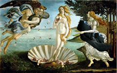 72. Birth of Venus
Location: Uffzi, Florence, Italy
Artist: Sandro Botticelli
Date: c. 1484-1486
Period/Style: Early Italian Renaissance
Medium/Material: tempera on canvas
Theme(s): birth, love, pain, loyalty
Form: figures float; crisply drawn figures, pale colors; flat and unrealistic; simple V-shaped waves
Function: to depict the tale of Venus's birth
Content: Venus emerges fully grown from the foam of the sea with a faraway look in her eyes; L: zephyr (west wind) and chloris (nymph); R: handmaiden rushes to clothe her
Context: roses are scattered before her that were create at the same time as Venus, representing love's painfulness; Medici commission
Cross Cultural Connection(s): Raphael, School of Athens