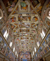 75a. Sistine Chapel (ceiling)
Location: Vatican City, Italy
Artist: Michelangelo
Date: c. 1508-1512 C.E.
Period/Style: High Renaissance
Medium/Material: fresco
Theme(s): motion, expression
Form: complicated arrangement of figures for the ceiling; painted cornices frame groupings of figures in a highly organized way
Function: place where new popes are elected
Content: broadly illustrated first few chapters of Genesis, with accompanying Old Testament figures and antique sibyls; 300 figures on ceiling with no two having the same pose (Michelangelo's lifelong preoccupation with male nude in motion); enormous variety of expression; many figures are done for artistic expression rather than to enhance the narrative; acorns are a motif on the ceiling, inspired by the crest of the patron, Pope Julius II
Context: Chapel itself erected in 1472 and painted by quattrocento masters including Botticelli and Perugino, as well as Michelangelo's teacher Ghirlandaio
Cross Cultural Connection(s):