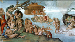 75c. The Flood from the Sistine Chapel
Location: Vatican City, Italy
Artist: Michelangelo
Date: c. 1508-1512 C.E.
Period/Style: High Renaissance and 
Medium/Material: fresco
Theme(s): Belief
Form: sculptural intensity of the figure style
Function: to depict the story of Noah (Nuh) and his family's escape, as told in Genesis 7 and The Qur'an, Al-Nuh 71.1-28
Content: survivors holding onto mountain tops; man carrying drowned son to safety, only to meet his fate, 60 figures (crowded composition, horror vacui?); 
Context: Ark is the only safe haven, as seen in the fresco
Cross Cultural Connection(s): Lam, The Jungle; Leonardo DaVinci, Last Supper