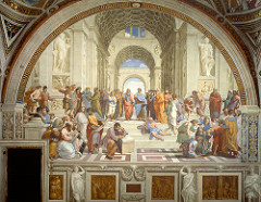 76. School of Athens
Location: Vatican City, Italy 
Artist: Raphael
Date: 1509-1511 C.E.
Period/Style: High Renaissance
Medium/Material: fresco
Theme(s): honor, knowledge
Form: open, clear light uniformly spread throughout composition; arches direct focus to Plato and Aristotle (center)
Function: to depict the great figures during and before the time of Raphael, such as Leonardo, Plato, Euclid, etc.
Content: center has two greatest figures in ancient Greek thought: Plato (with the features of Leonardo on left, pointing up) and Aristotle (Plato on left, Aristotle on right); Bramante (Pope's architect) is the bald figure of Euclid on the lower right; Raphael is in the corner at extreme right; Michelangelo resting on the stone block writing a poem
Context: commissioned by Pope Julius II to decorate his library
Cross Cultural Connection(s): Leonardo DaVinci, Last Supper