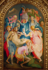 78. Entombment of Christ
Location: Florence, Italy
Artist: Jacopo da Pontormo
Date: 1525-1528 C.E.
Period/Style: High Renaissance and Mannerism
Medium/Material: Oil on wood
Theme(s): Chaos, desperation, sorrow
Form: center of composition is a grouping of hands, elongated bodies, high-keyed colors, no group line, disembodied hands, androgynous figures, twisted bodies; anti-classical composition
Function: to depict the carrying of Jesus's lifeless body 
Content: Figures are not weeping, but they are yearning
Context: ...
Cross Cultural Connection(s):