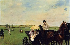 A Carriage at the Races, Edgar Degas, 1872
Style: Impressionism
Located: Museum of Fine Arts, Boston
Uses asymmetrical design because the sky is a big opened space while the bottom is filled. The horse and the carriage are truncated. The drivers head unifies the image because he breaks the horizontal line with it.