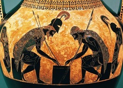 Achilles and Ajax
c. 540 BCE
Artist: Exekias
On an amphora vase, body curves mimics the curve of the vase.