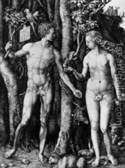 Adam and Eve
Albrect Durer, Engraving, 1504
Shows how Durer has mastered the use of engraving as he expertly displayed detail and many different textures
Heavily influenced by classical sculpture as they figures exemplify the ideal aesthetic of humans before the fall of man
Contrapposto pose present
Four humors present each represented by an animal, choleric cat, sanguine rabbit, melancholic elk, phlegmatic ox; all in balance before the fall of man
Snake represents Satan as it tries to have Eve take the fruit from the Tree of Knowledge, has 4 thorns in its head representing the crown of thorns Christ wore on his way to his crucifixion
Parrot represents cleverness 
Picture space centered around Tree of Knowledge 
Plaque the adam holds shows that Durer made it in 15041