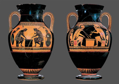 Ajax and Achilles Playing a Game, by ANDOKIDES PAINTER (525-520 B.C.) ~ Archaic Pottery

Red-figure (more detail than black-figure), Andokides Painter given credit of creating red-figure technique.