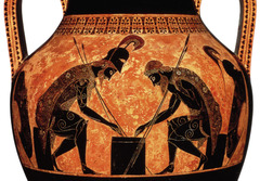 Ajax and Achilles Playing a Game, by EXEKIAS (540-530 B.C.) ~ Archaic Pottery

Black-figure, scene of mythology.