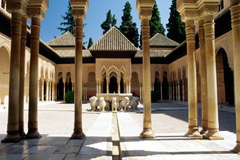 Alhambra Palace(red fort). Granada, Spain. Nasrid(last muslim dynasty to rule Spain)Dynasty. 1354-1391 CE. 
Form: whitewashed adobe stucco, wood, tile, paint, and gliding, ornate inside, simple outside, 3 temples 
Function: 1. residence for royal family
2. guards protect complex
3. a medina->a city of the prophet
Content: INSIDE-> thin columns, geometric patterns, stucco->carved plaster
West->muqarnas chamber small faces of different people. Not sure of the spaces. No piece is left untouched. Focus on light and water,
Context:last muslim dynasty to rule spain