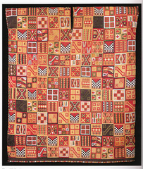 All To'qapu

Inca 1450/1550 Camelid fiber, cotton

Rectangular shape, slit in center for head then tunic is folded in half and sides sewn for arms
Compistion of small geometric shapes called t'oqapu
each individual t'oqapu symbolic of a certain thing
Many many t'oqapu depicted
wearing this garment indicates status in society
possibly worn by incan ruler
shows incan preference for abstract designs that are standardized and express unity/order