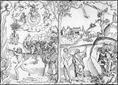 *Allegory of Law and Grace*
*Lucas Cranach*
1530
Woodcut
16th Century Northern European 

Judgement on left. Skeleton poking a Catholic into hell. Moses with ten commandments. Right shows sinner being forgiven with the Grace of God shining down.