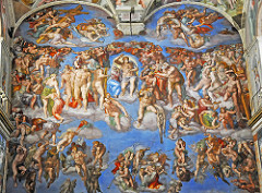 Altar Fresco, Last Judgement

Michelangelo, Vatican City, Italy,Altar frescoes, 1536-1541

Unlike the ceiling this is one large open space undivided, without cornices
Mannerist influence present with elongation/distortions of figures, and crowded groups
4 bands include:
Bottom- Dead rising from the mouth of hell
2- Ascending elect, descending sinners, trumpeting angels
3- Ones rising to heaven surround Jesus
Top- Angels carry the Cross and column used for Christs death
Christ is in the center in a complex pose defiantly gesturing with his right hand
Spiraling compostion goes against the high renaissance period and reflects the disunity of the Christian community caused by the reformation