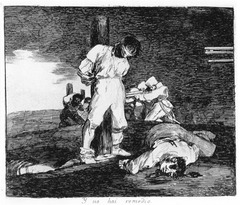 And theres nothing to be done

Francisco Goya, 1810-18323, Drypoint etching

Romantiscism
Part of the the Disasters of War 
80 works altogether
Published in 1853, 30 years after he died
Crucial commentary on French occupation of Spain 
Influenced by the Spain's constant warfare
Explores the themes of war,famine, and politics
This piece is very ironic and sardonic
Guns at very close range point towards victims assumedly spanish patriots being killed by French soldiers
Question of who exactly are being shot