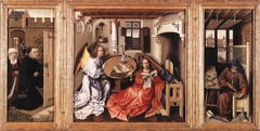 Annunciation Triptych(Merode Altarpiece). Workshop of Robert Campin. 1427-1432 CE. 
Form:flemish oil painting , wood panels, mobilitary art, attention light and texture, lots of reflection, religious symbolism, modern domestic scenery
Function: domestic altar piece, private art, allows an emotional connection, Virgin Mary is the focus
Content: rep in the middle panel. Angel Gabriel telling Mary she will be daughter of Christ. Joseph works in his carpenter shop.