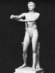 Apoxyomenos (scraper), by Lysippos (330 B.C.) ~ Late Classical Sculpture

Private moment, scraping mud off body after olympic mud wrestling, reaching out into space.
