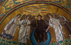 Apse Mosaic from San Vitale.Christ dressed in imperial robe.Background is golden; heavenly place