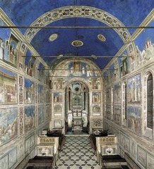 Arena Chapel interior, Frescoes, Giotto

Frescoes divided into 3 different sections from top to bottom: Pre-Christ (LIfe of Joachim, Anna, and daughter Mary), Life of Christ, Passion (Ends of his life/death)
Christ often shown in profile similar to how Roman emperors were depicted on coins