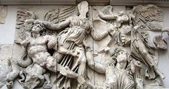 Athena battling Alkyoneos, detail from frieze of Altar of Zeus ~ Hellenistic Sculpture

Battle of Gods and Giants.