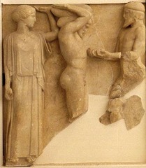 Athena, Herakles, and Atlas from the Temple of Zeus, c. 470-456 B.C.E.,marble, Greek Classical