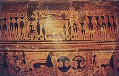 Attic Geometric krater, from Dipylon cemetery, Athens (740 B.C.) ~ Geometric Pottery

Made using engobe, open at base, grave marker, formal, many geometric patterns.