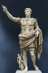 Augustus of Prima Porta
Imperial Roman. Early first century C.E. Marble
1. This represents the ideal view of the Roman emperor. It was used as propaganda and was supposed to communicate Augustus's power and ideology. He shows himself as a military victor and a supporter of Roman religion. (2-4C)

2. The statue stands in a contrapposto pose and he is wearing military regalia. His right arm is outstretched which symbolizes that he is addressing his troops. It has a big similarity to 'Doryphorus'. (2-4C)

3. At his right is a figure of cupid riding a dolphin. The dolphin symbolizes Augustus's victory over Mark Antony and Cleopatra which allowed him to become the sole ruler. Cupid symbolizes the fact that Augustus is a descendant of gods. Cupid is the son of Venus and Augustus's father claimed to be a descendant of Venus. (2-5B)

4. The breastplate that the stature is wearing also has a lot of symbolism. Two of the figures are a Roman and a Parthian. The Parthian is returning military standards. This is a reference to a victory of Augustus. On the side there are female personifications of of countries conquered by Augustus. (2-4C)