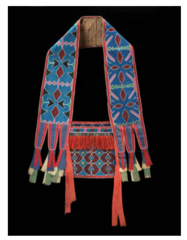 Bandolier Bag

1850, Lenape, Delaware

Bandolier bag large heavily beaded pouch with slit at top
bag held at hip level with strap across the chest
constructed of trade cloth, cotton, wool, velvet, or leather
beadwork not done in the americas before european influence
beads imported from Europe
Prestige object for women
Native american and european motifs
functional and beautiful