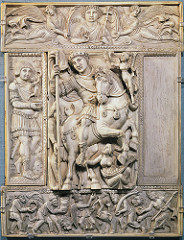 Barberini Ivory Ivory. Shows Justinian on a horse, much like Marcus Aurelius.Classical style and motifs; harvest, labor. shows survivals of the pagan roman empire. emperors strength comes form god. pagan winged citory.