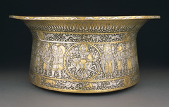 Basin (Baptistère de Saint Louis)
Muhammad ibn al-Zain. c. 1320-1340 C.E. Brass inlaid with gold and silver