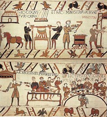 Bayeux tapestry. Romanesque Europe(english or norman). c. 1066-1080 CE. Embroidery on linen
Form: not a true tapestry. embroidery using wool yarn sewn onto linen cloth, 20 in high and nearly 230ft in length, has writing and inscription in latin
Function: commemorates William, Duke of Normandy, and Harold, the Earl of Wessex, chronicle historical movement
Content: lead up to battle of hastings in 1066, missing coronation of William king of England, divided into 3 horizontal zones, images of dining, battle prep, and battling
Context: 1066, William conquered England first Norman King of England, made in Canterbury, Kent. displayed at bayeux cathedral