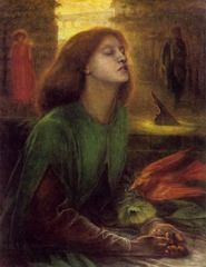 Beata Beatrix
c. 1863
Artist: Rosetti
Period: Pre-Raphaelite Brotherhood
The pre-Raphaelite brotherhood was a tightly knit group of English artists who believed that Raphael caused the death of art history by introducing a dramatic form of chiaroscuro. Liked Fra Angelico and Jan van Eyck.