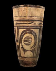 Bushel with ibex motifs
Susan, Iran. 4200-3500 B.C.E. Painted terra cotta.
1. This beaker was discovered under a temple mound that possibly belonged to King David of the Old Testament. It is considered prehistoric (before the rise of Mesopotamian city-states) and many like it were found buried in cemeteries along the fertile river valley in Susa. 

 2. This beaker is decorated with numerous animal forms such as a mountain goat, dogs, and birds. The geometric patterns that adorn the clay are stylized and very detailed. Included is a 