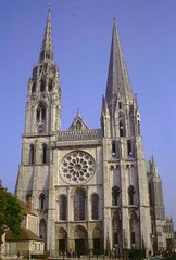 Chartres Cathedral. Chartres, France. Gothic Europe. Original construction c. 1145-1155 CE.; reconstructed c. 1194-1220CE. limestone, stained glass.
Form: remains of a roman church, limestone, 112ft high 427 feet long, renovations 16th and 19th century, pointed arches, geometricalgothic
Function: cathedral, sculptures to preach and instruct, dedicated to the virgin Mary(her shroud is supposedly there)
Content: gothic french architecture, sculptures, stained glass, old and new testament scenes, high nave, reused materials from previous Roman Church (spolia).
Context: association with the Virgin Mary pilgrimage to there, multiple fires remodel cathedral, relates to constantinople, 186 windows