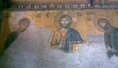 Christ the Pantokrator. Christ sees and understands as he looks down from heavan. Looks severe, old and wise. Large, set in a gold background. Hand on bible. Written in greek. below daphni dome. Also shows William's kingly powers